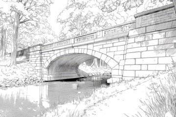 Detailed sketch of a stone arch bridge over a tranquil waterway.