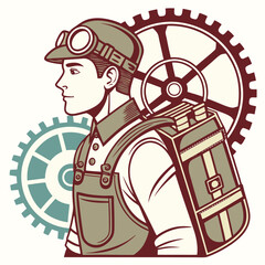 A detailed vector illustration of a victorian era inventor character showcasing intricate steampunk attire gears and mechanical contraptions perfect for creative projects