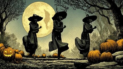 Halloween witches dance: three grotesque witches with hooked nose and prominent chin dance in full moonlight
