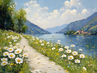 Impressionist oil painting depicts a serene summer landscape with a path winding along a lake, bordered by vibrant white daisies, leading towards distant houses nestled among the hills