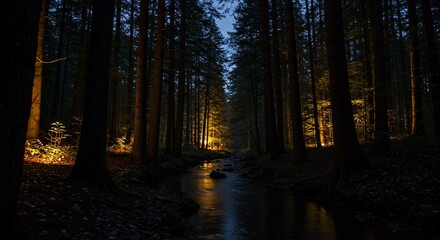 Obraz premium Enchanted Forest Stream Illuminated by a Mysterious Golden Glow at Twilight