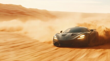 Cinematic shot of a sports car racing through a vast desert landscape, front lights on, sand flying in all directions.