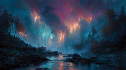 Naklejka premium Fantasy night landscape with glowing lights