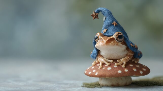 A whimsical frog with a blue wizard hat perched on a spotted mushroom