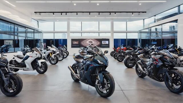 Many new and shiny sport motorcycles are lined up and parked on the gray floor of a bright, modern motorcycle dealership showroom, ready to be sold to customers