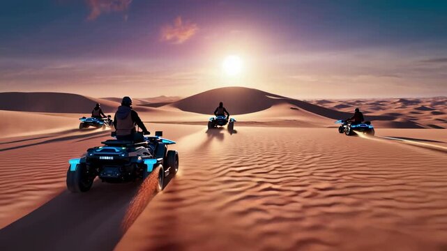 futuristic desert nomads traveling under a twin-sun sky