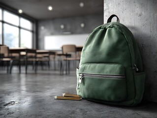 A green school backpack rests against the wall in empty classroom du summer break or after school.
