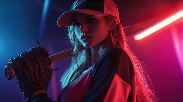 Fashionable female athlete in baseball gear, posing with a mitt and bat in a stylized studio with colored lighting.