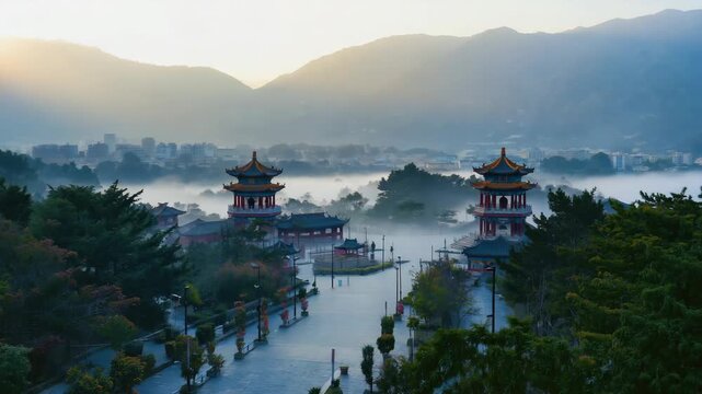 Two traditional chinese towers emerge from the fog during sunrise at the black dragon pool park in lijiang, yunnan province, china, with mountains and city buildings visible in the background