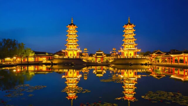 Illuminated twin pagodas are reflecting on the calm water of a pond surrounded by traditional chinese architecture at dusk, creating a serene and picturesque scene in guilin, china