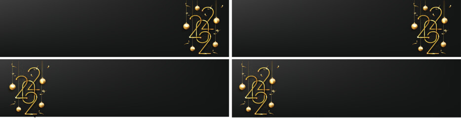 Elegant gold number 2022 with festive decorations and confetti on a dark background