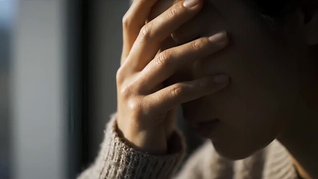Close-up photo of a hand covering part of the face, casting soft shadows on skin.
