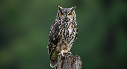 Fototapeta premium Focused Owl Perched on Weathered Stump, Dramatic Lighting