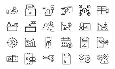 Finance and Banking Line Icons 24 Vector Icons for GDP, Payment Analysis, Transactions, Charts, Mobile Banking and Financial Risk Management UI Design