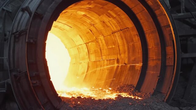 Inside view of a rotary kiln processing minerals at extremely high temperatures, radiating intense light and heat, while flames dance and create a vibrant, glowing atmosphere