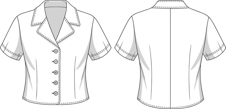 CAD drawing flat vector illustration of short sleeve collared shirt blouse with front buttons, waist shaping darts, and tailored back seams