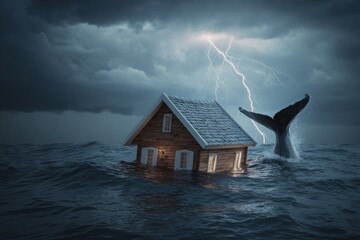 Tiny house adrift in stormy sea, whale's tail looms