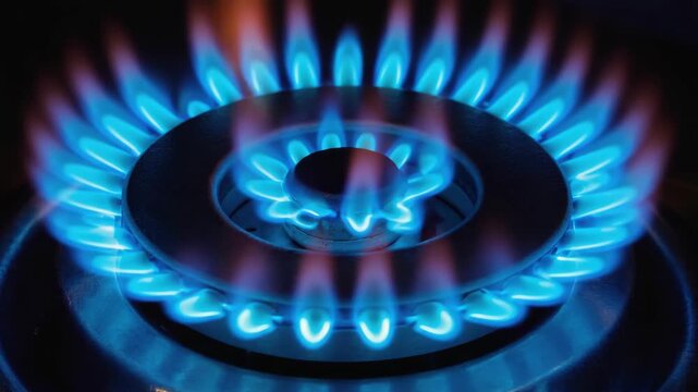 Close-up of a lit gas stove burner glowing with an intense blue flame, creating a mesmerizing visual in a darkened setting, suggesting concepts of energy, cooking, and warmth