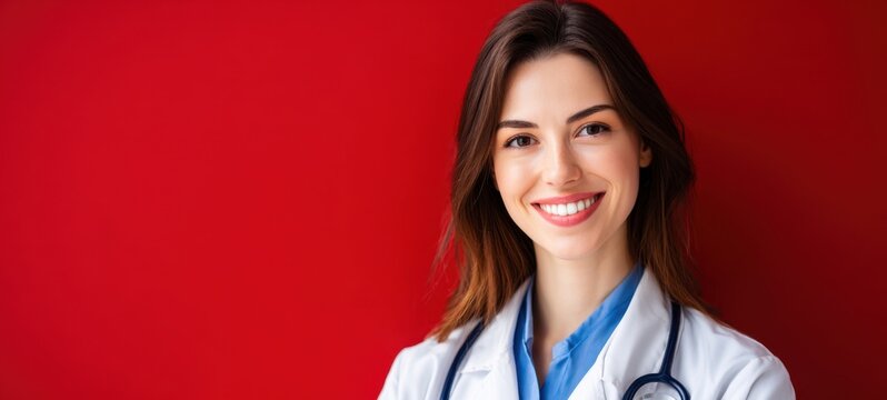 The young female doctor smiling confidently against a vibrant red background.