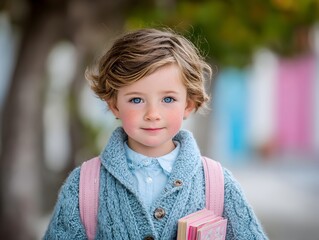 A cute young girl with a backpack and books smiles sweetly on her way to school on a sunny morning.