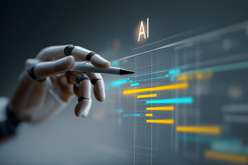 Robot Arm Holding Pen to Operate AI Data Interface, Presenting Intelligent Data Analysis and Tech Interaction Scenario