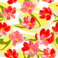Seamless pattern of abstract red flowers, original hand drawn, impressionism style, color texture, brush strokes of paint, art background