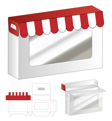 Red and White Bakery Box with Handle and Window Flat Template and 3D Mockup