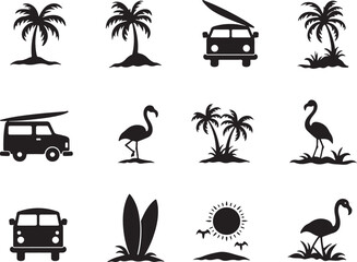 Vibrant tropical icons capture sunny beach vacation vibes