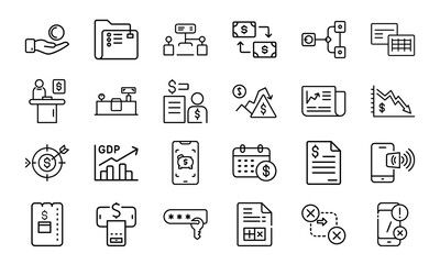 Finance and Banking Line Icons 24 Vector Icons for GDP, Payment Analysis, Transactions, Charts, Mobile Banking and Financial Risk Management UI Design