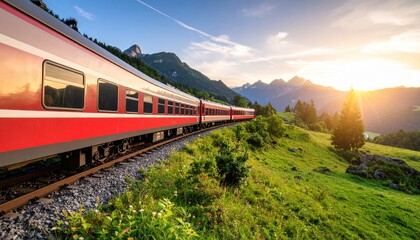 Scenic train journey through lush green mountains at sunset with vibrant colors in the sky
