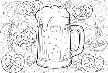 Oktoberfest Celebration Line Art with Beer Mug and Pretzel Illus