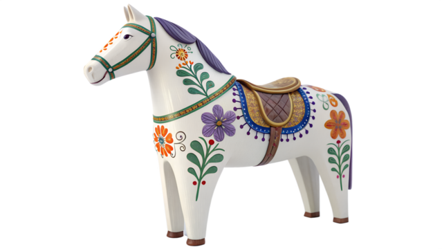 Decorative dala horse figurine with floral patterns and saddle for home decor and folk art collectors