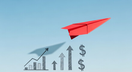 Red paper airplane flying over growth chart and dollar signs, symbolizing financial success and upward trajectory, showcasing business growth and investment concepts