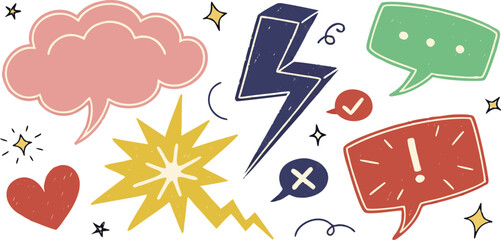 Collection of hand drawn comic style speech bubbles and symbols isolated on transparent background