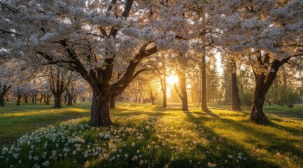 Naklejka premium Sunrise through cherry blossoms, dappled light