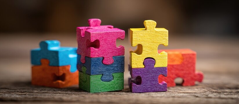 Colorful wooden puzzle pieces arranged on a rustic wooden surface
