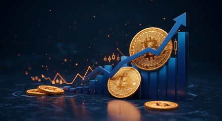 Bitcoin Cryptocurrency coins chart trending price up trend digital financial cash money market trending price concept, futuristic virtual digital graph chart price, banner background, Ai generate