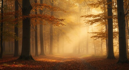 Autumn forest scene with sunlight shining through trees and leaves on ground.