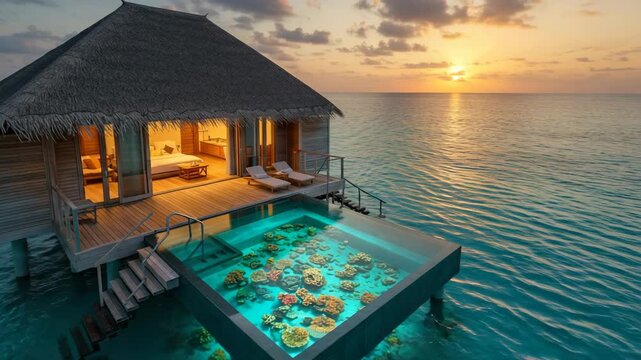 beach resort private swimming pool at sunset