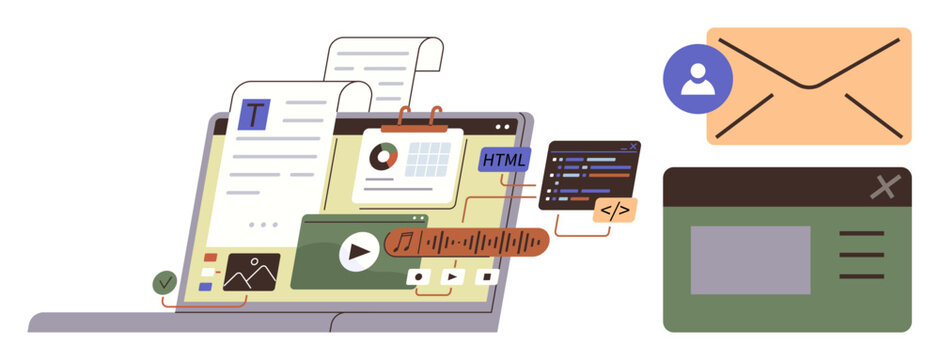 Laptop displaying web design tools, HTML coding, video player, text files, and email icon. Ideal for web development, coding, multimedia creation, email marketing team collaboration education