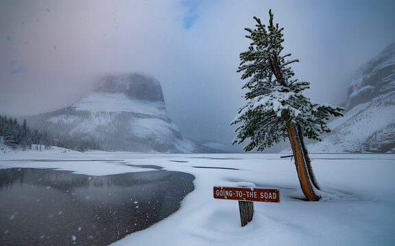 Snow-covered landscape with a leaning pine tree and a sign reading Going-to-the- Soad near a frozen lake