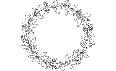 Minimalist botanical wreath line art drawing with leaves and ber