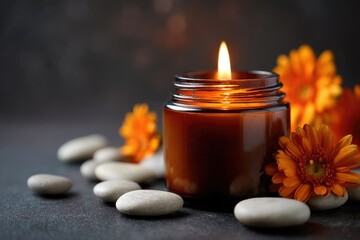 Amber candle, orange flowers, and stones. Calm scene