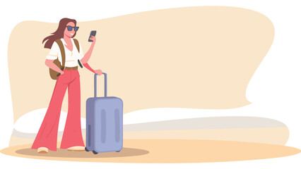 Woman with sunglasses and backpack using a phone while standing next to a suitcase ready for travel