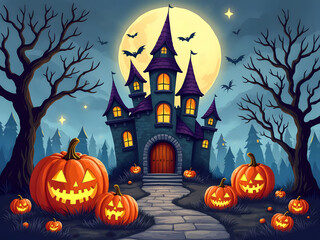 Fototapeta premium Haunted Castle with Glowing Pumpkins under Full Moon