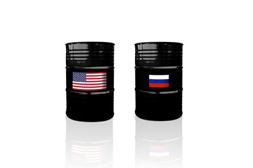 Crude oil barrels with USA and Russia flags on a white background. Sanctions and embargo for Russia.
