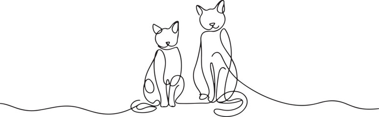 Minimalist One Line Drawing of Two Sitting Cats Facing Forward in Black and White