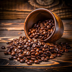 Fototapeta premium Dark wooden bowl spilling roasted coffee beans image