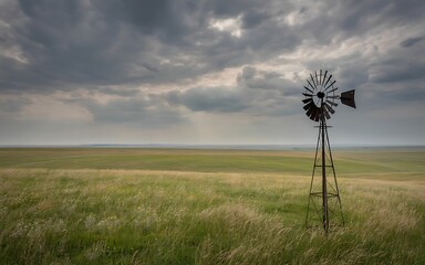 Old Rusty Windmill Stands Tall in a Vast Grassy Field Under a Dramatic Cloudy Sky metal agriculture