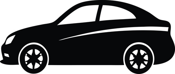 Naklejka premium Black silhouette of a modern car with white accents, side profile automobile vehicle icon.